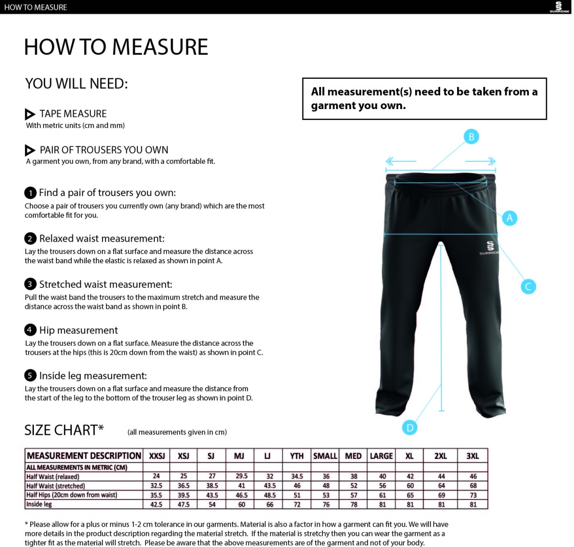 CAG Girls Training - Dual Poplin Track Pant - Unisex Fit - Size Guide