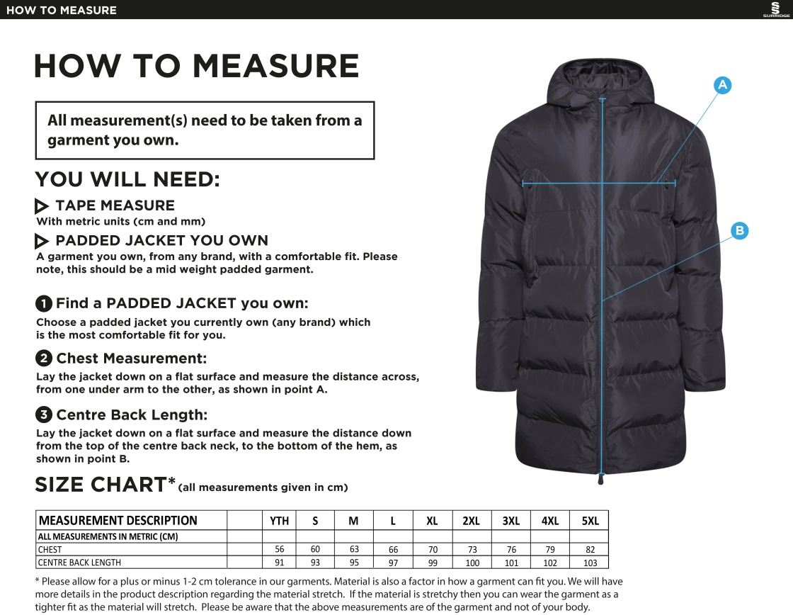 CAG Girls Training - Active Long Padded Jacket - Unisex Fit - Size Guide
