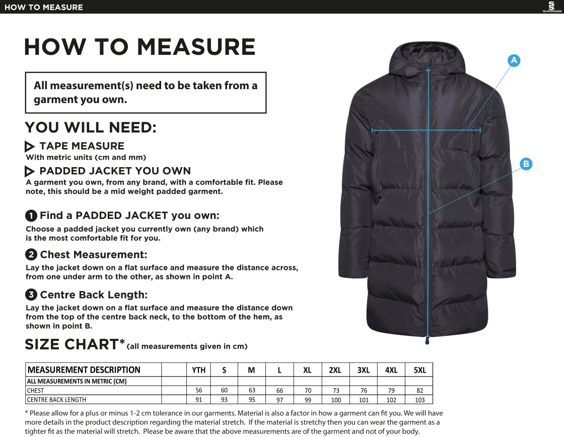 Cumbria Supporters - Active Long Padded Jacket - Unisex Fit - Size Guide