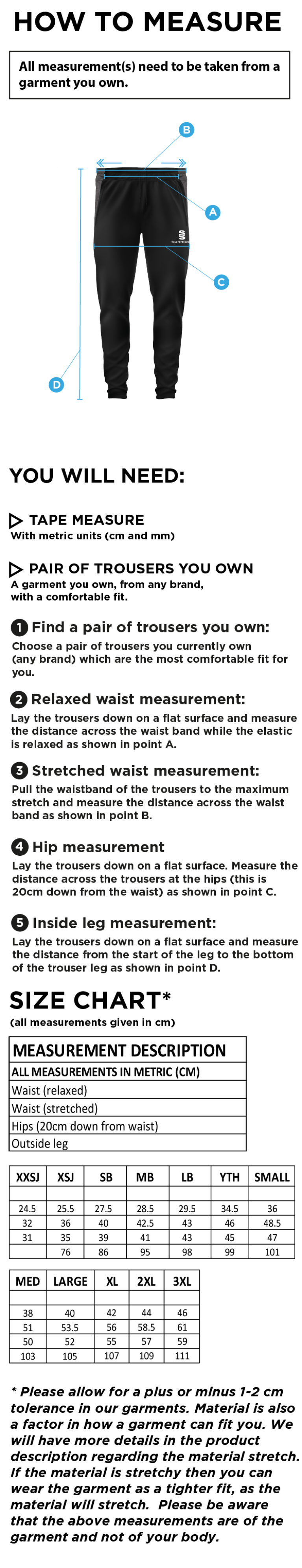 West District - Tek Slim Training Pants - Unisex Fit - Size Guide