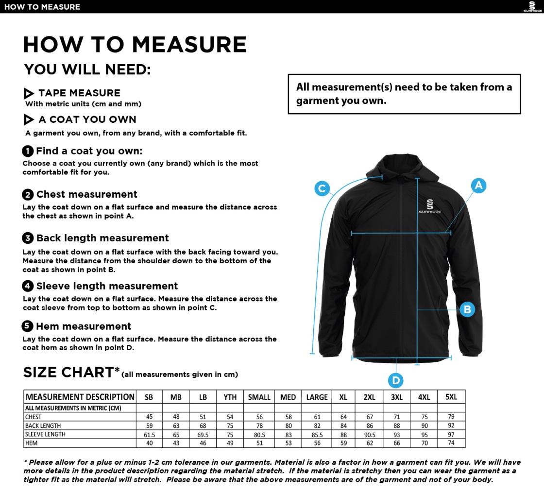 South Lakes District - Dual Full Zip Training Jacket - Unisex Fit - Black - Size Guide
