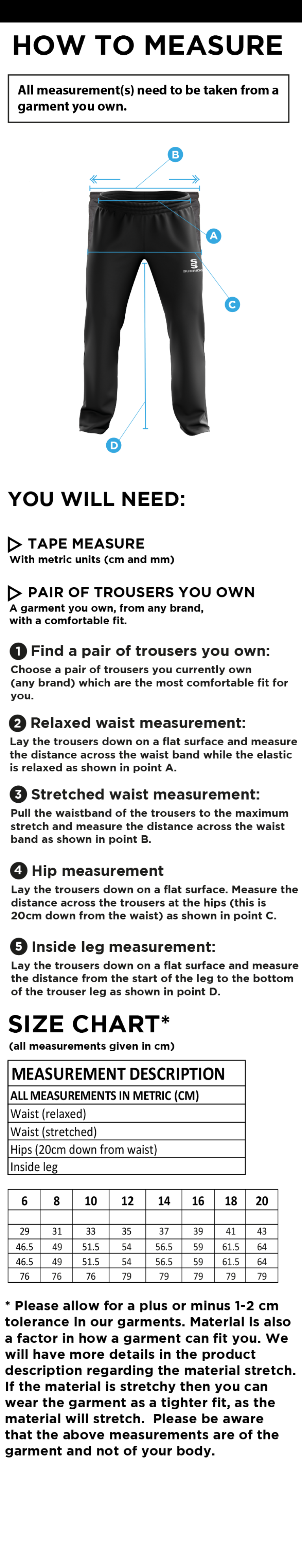 CAG Girls Training - Dual Poplin Track Pant - Ladies Fit - Size Guide