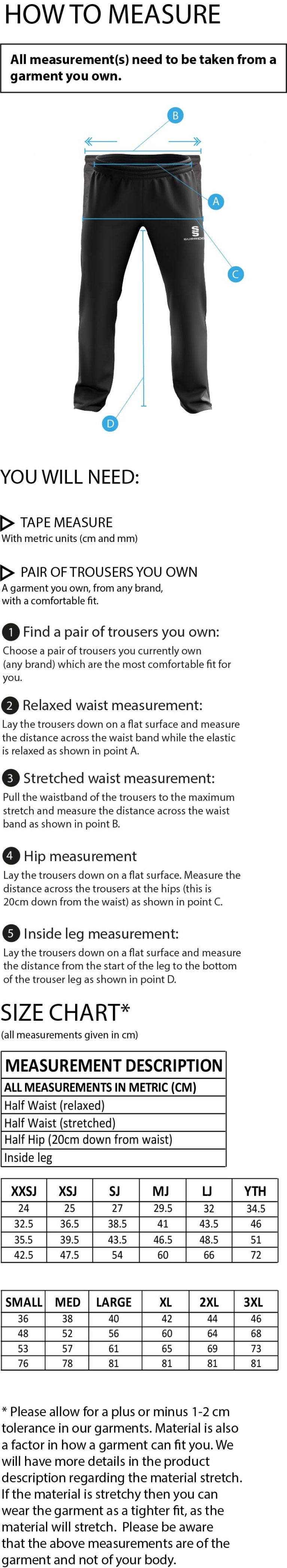 CAG Girls Training - Dual Poplin Track Pant - Unisex Fit - Size Guide