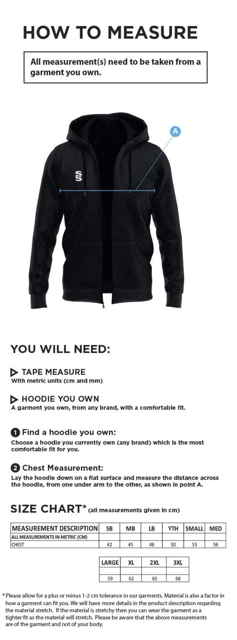 South Lakes District - Dual Full Zip Hoody - Men's/Unisex Fit - Size Guide