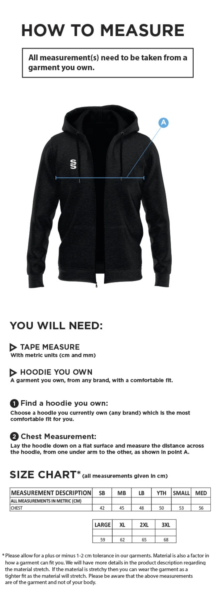 South Lakes District - Dual Full Zip Hoody - Men's/Unisex Fit - Size Guide