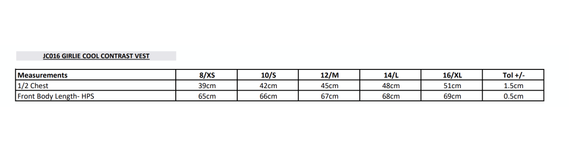 CAG Girls Training - Cool Training Vest - Size Guide