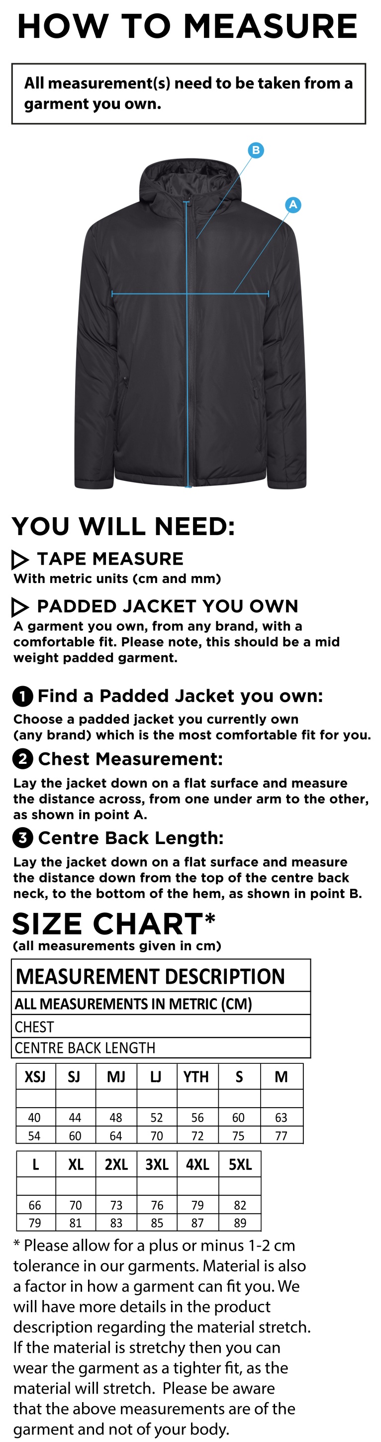 South Lakes District - Active Padded Jacket - Unisex Fit - Size Guide