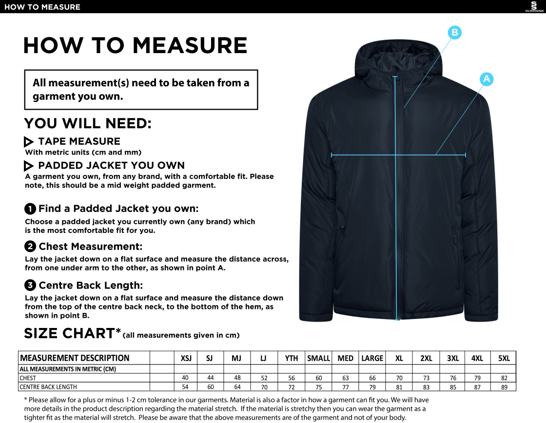 South Lakes District - Active Padded Jacket - Unisex Fit - Size Guide
