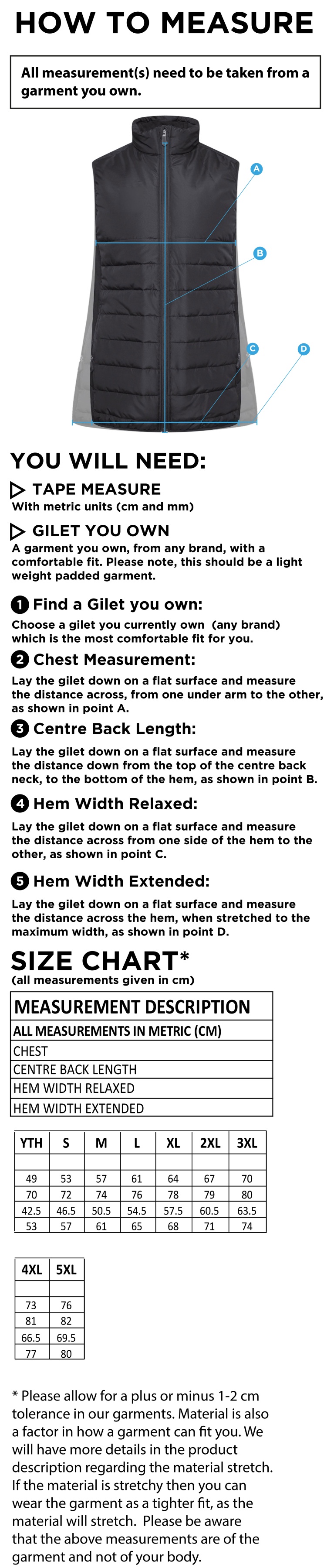 East District - Active Gilet - Size Guide