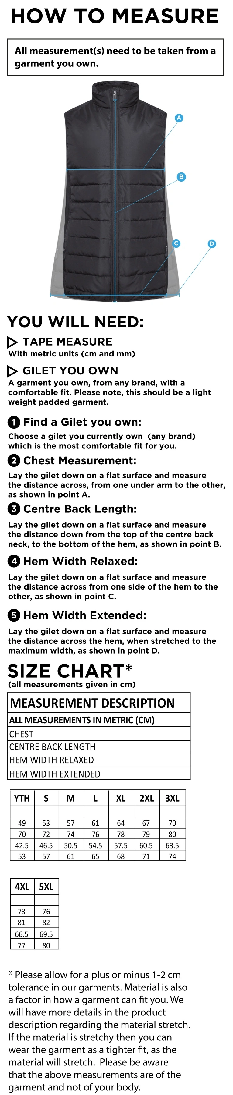 East District - Active Gilet - Size Guide