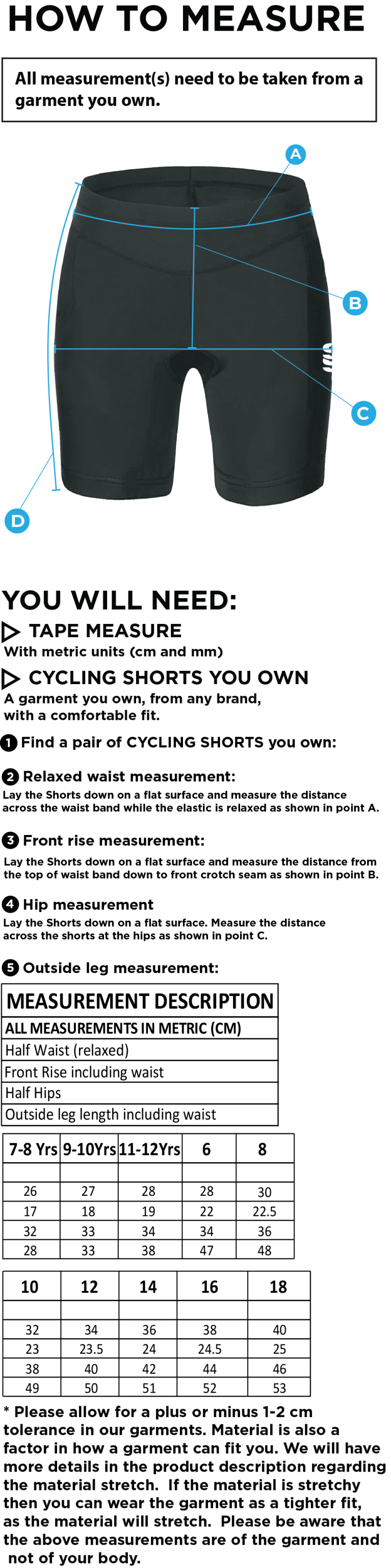 CAG Girls Training - Dual Cycling Shorts - Women's Fit - Size Guide