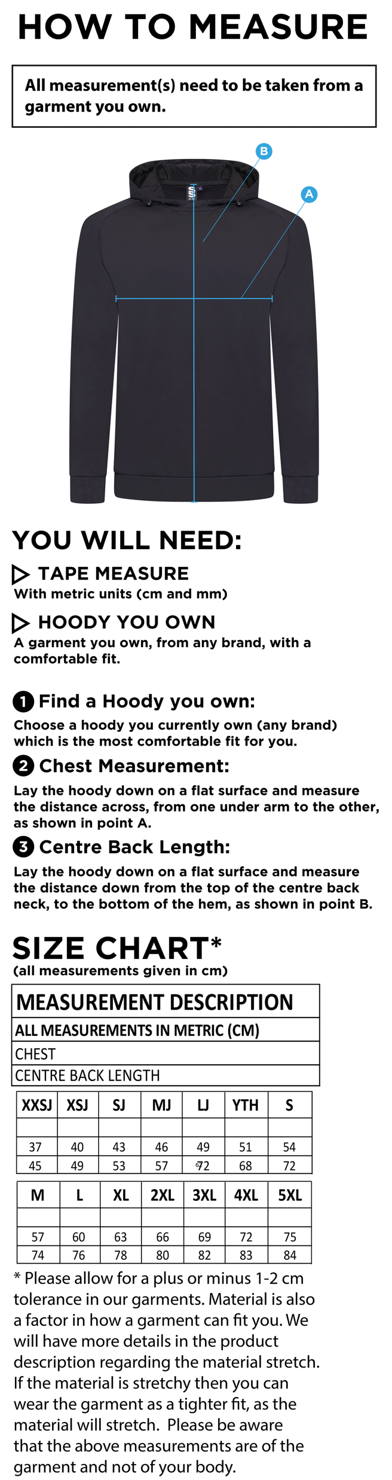 CAG Girls Training - Active Hoody - Unisex Fit - Size Guide