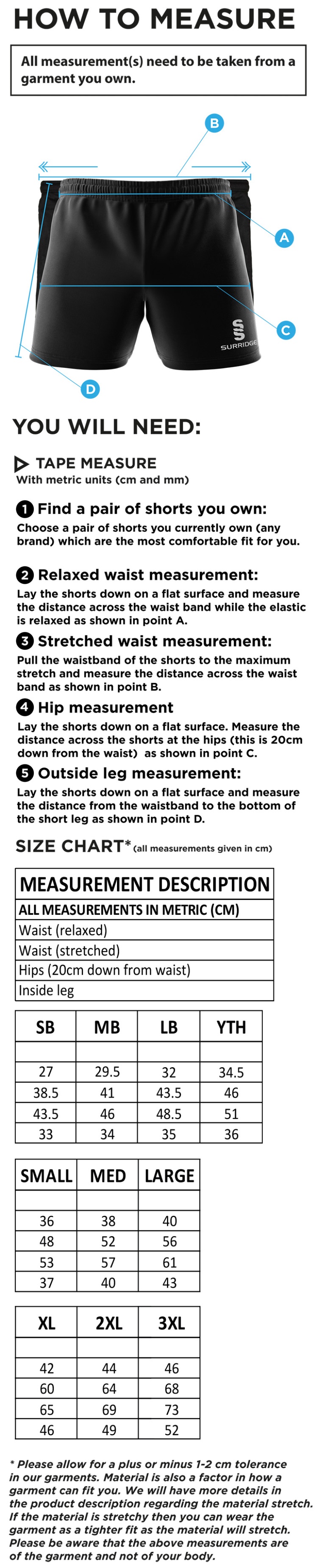 South Lakes District - Performance Gym Short - Unisex Fit - Size Guide