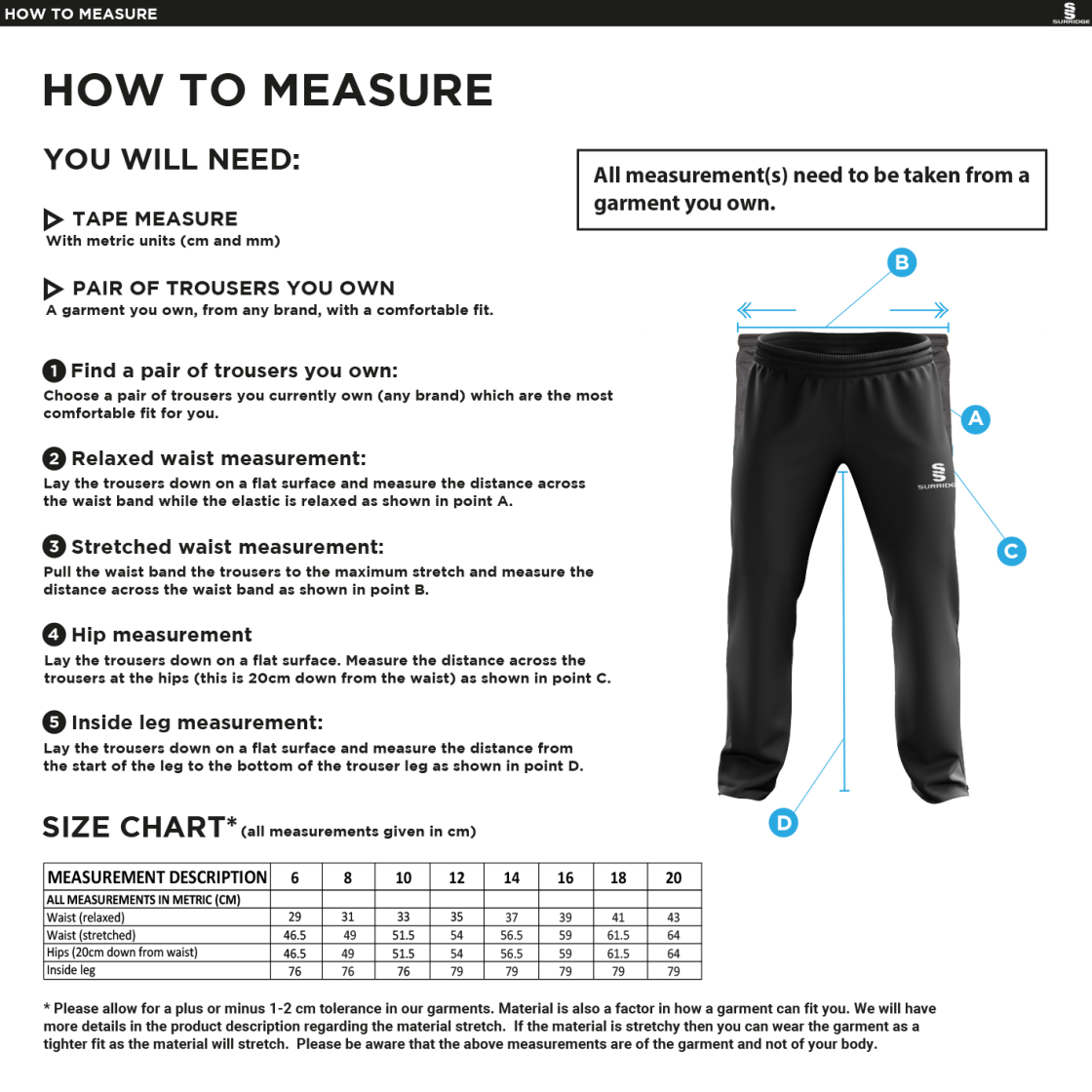 CAG Girls Training - Dual Poplin Track Pant - Ladies Fit - Size Guide