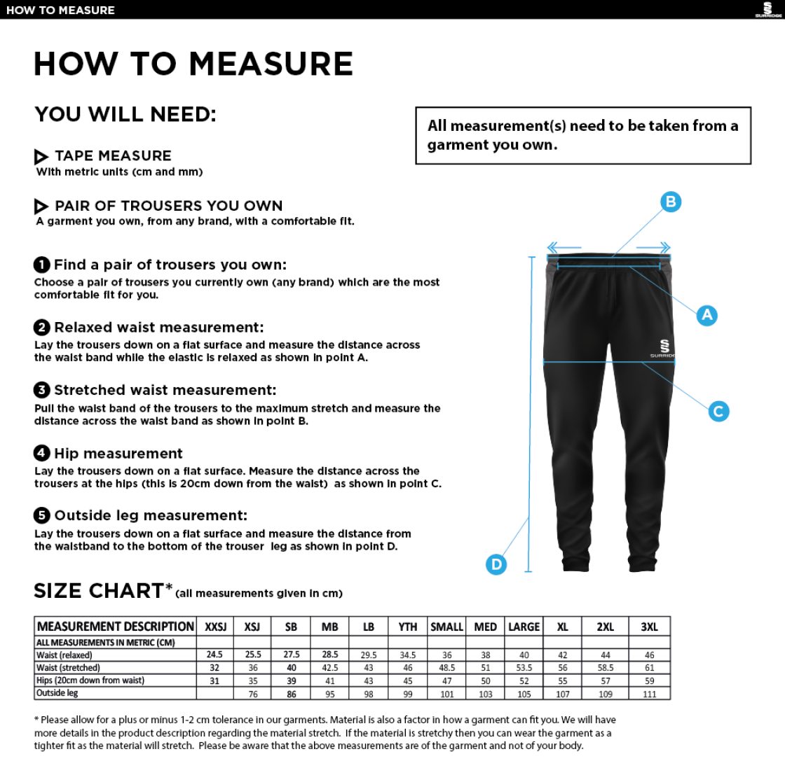 Barrow District - Tek Slim Training Pants - Unisex Fit - Size Guide