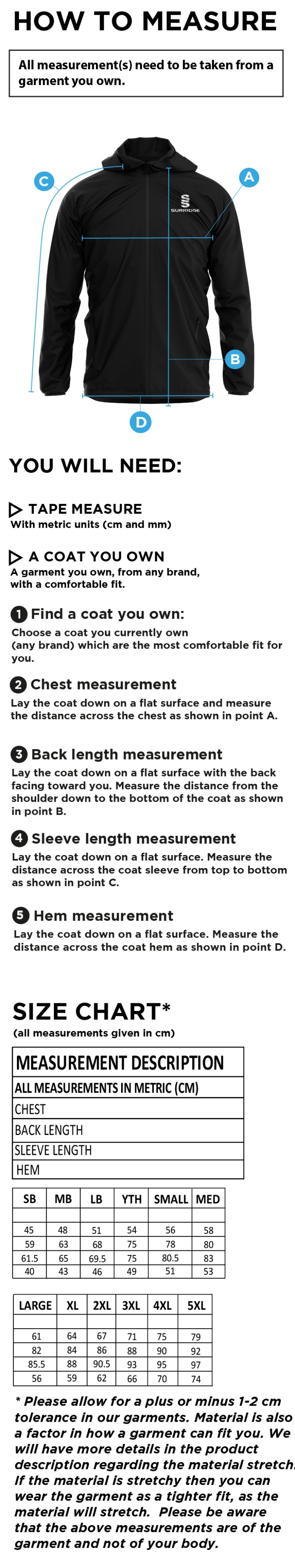 East - Dual Full Zip Training Jacket - Royal - Size Guide