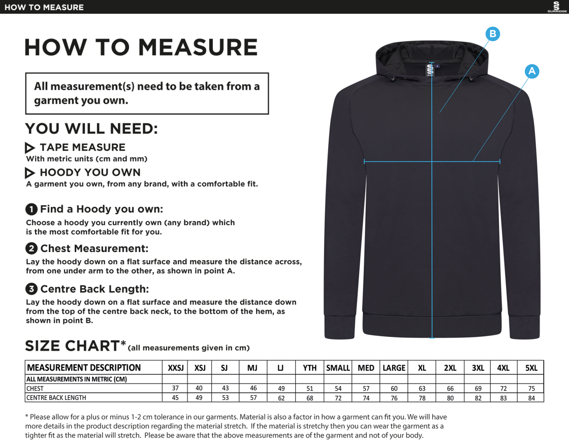 CAG Girls Training - Active Hoody - Unisex Fit - Size Guide
