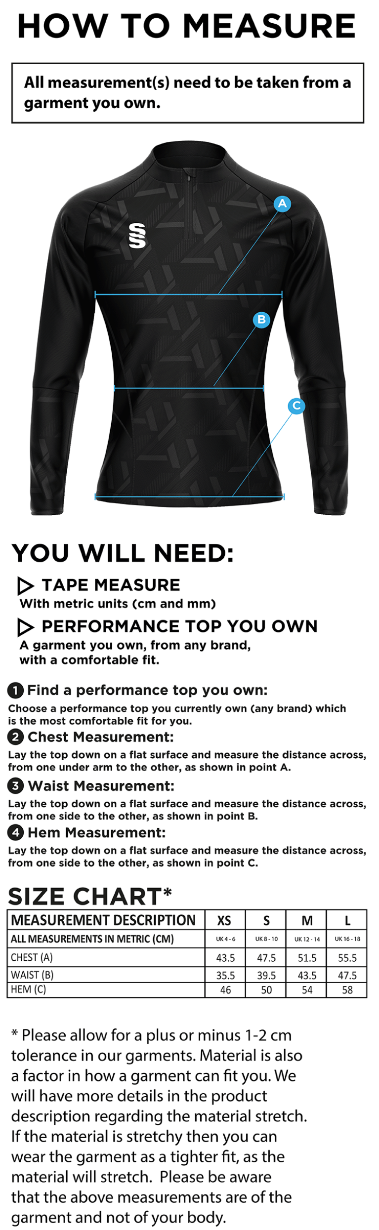 CAG Girls Training - Impact 1/4 Zip Performance Top - Women's Fit - Size Guide