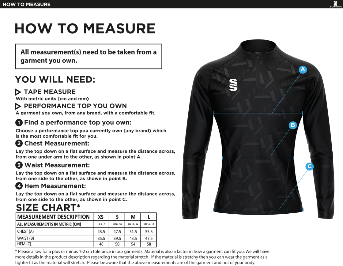 CAG Girls Training - Impact 1/4 Zip Performance Top - Women's Fit - Size Guide