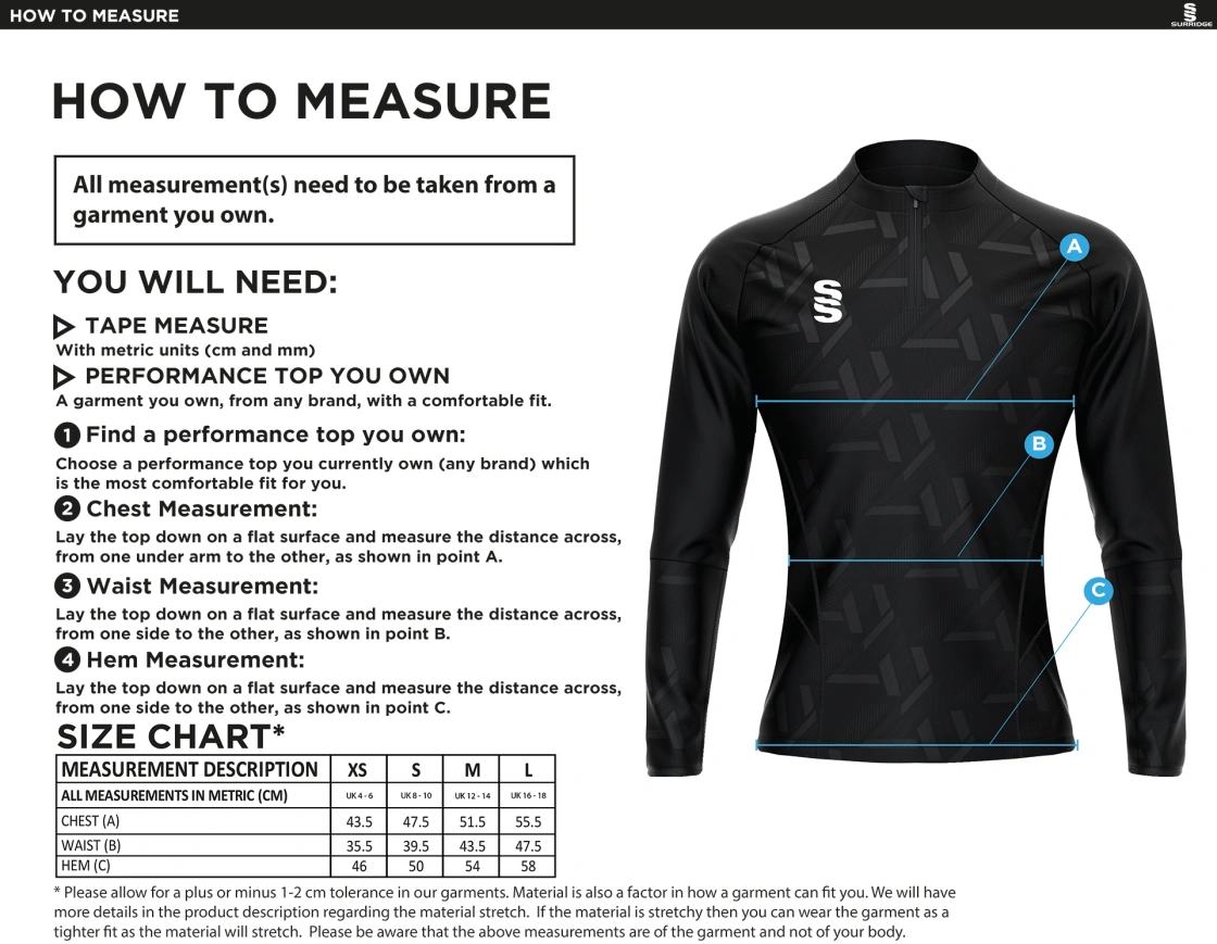 West District - Impact 1/4 Zip Performance Top - Women's Fit - Size Guide