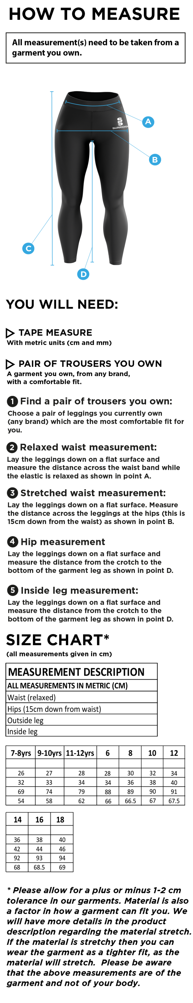 CAG Girls Training - Performance Full Length Leggings - Size Guide