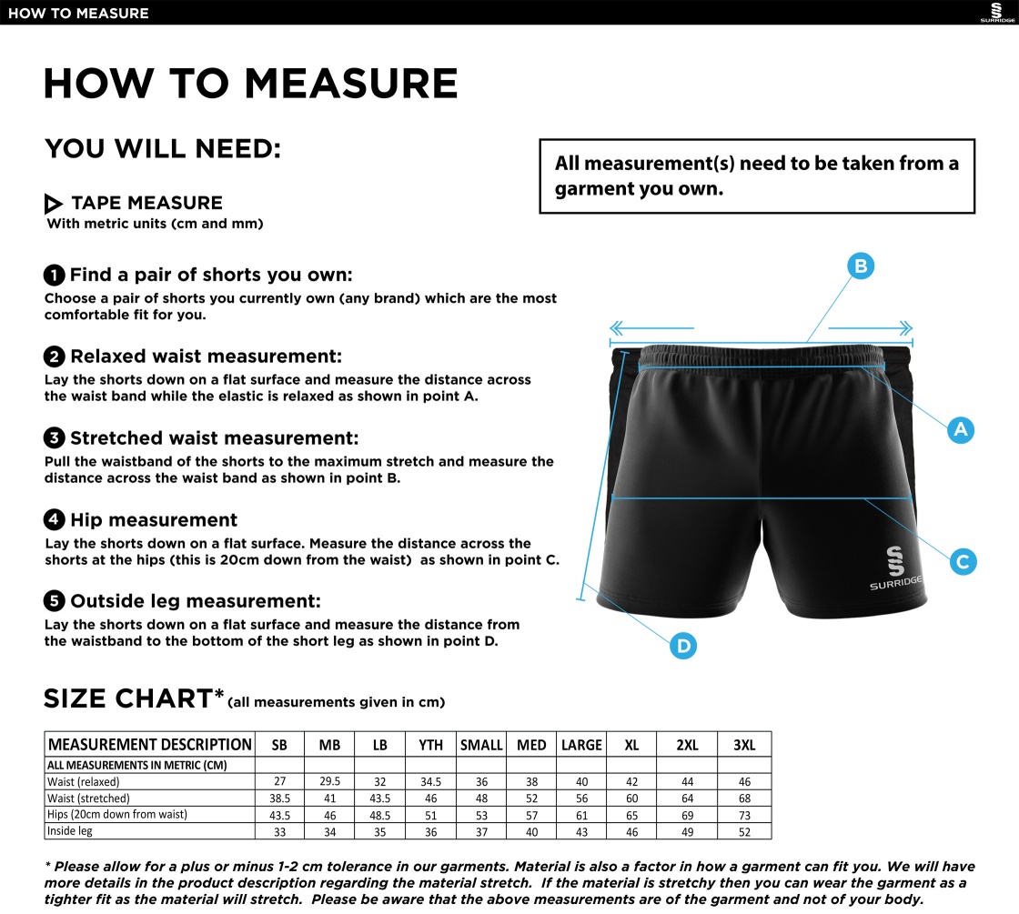 South Lakes District - Performance Gym Short - Unisex Fit - Size Guide