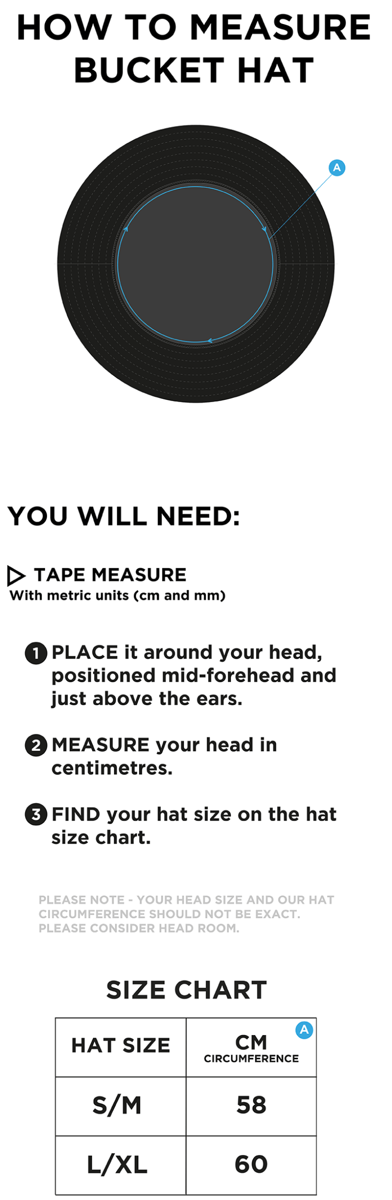 South Lakes District - Dual Bucket Hat - Black - Size Guide