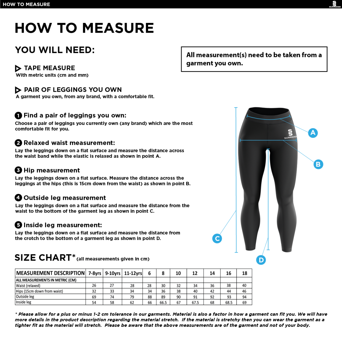 CAG Girls Training - Performance Full Length Leggings - Size Guide