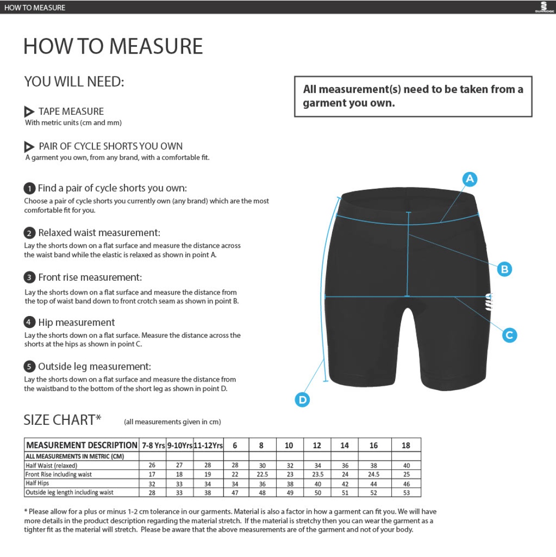 CAG Girls Training - Dual Cycling Shorts - Women's Fit - Size Guide