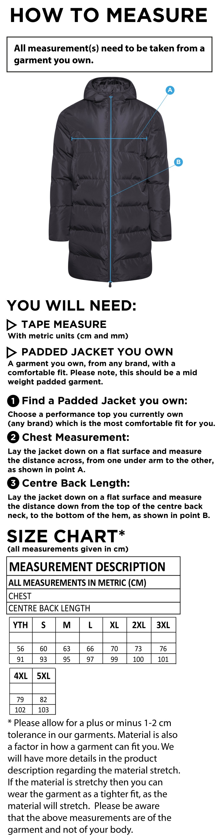 South Lakes District - Active Long Padded Jacket - Unisex Fit - Size Guide