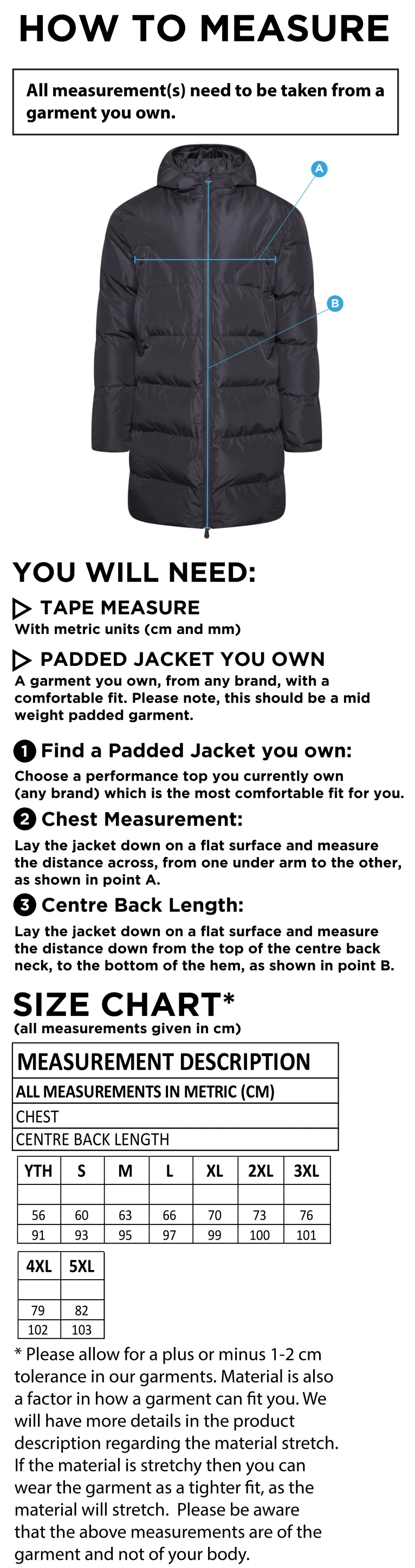 Cumbria Supporters - Active Long Padded Jacket - Unisex Fit - Size Guide